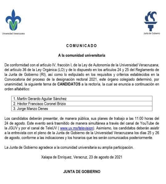 Terna candidatos a Rector de la Universidad Veracruzana